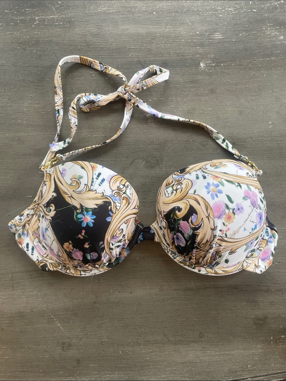 Venus Floral Baroque Print Push-Up Bikini Top - Black & Cream 32DD